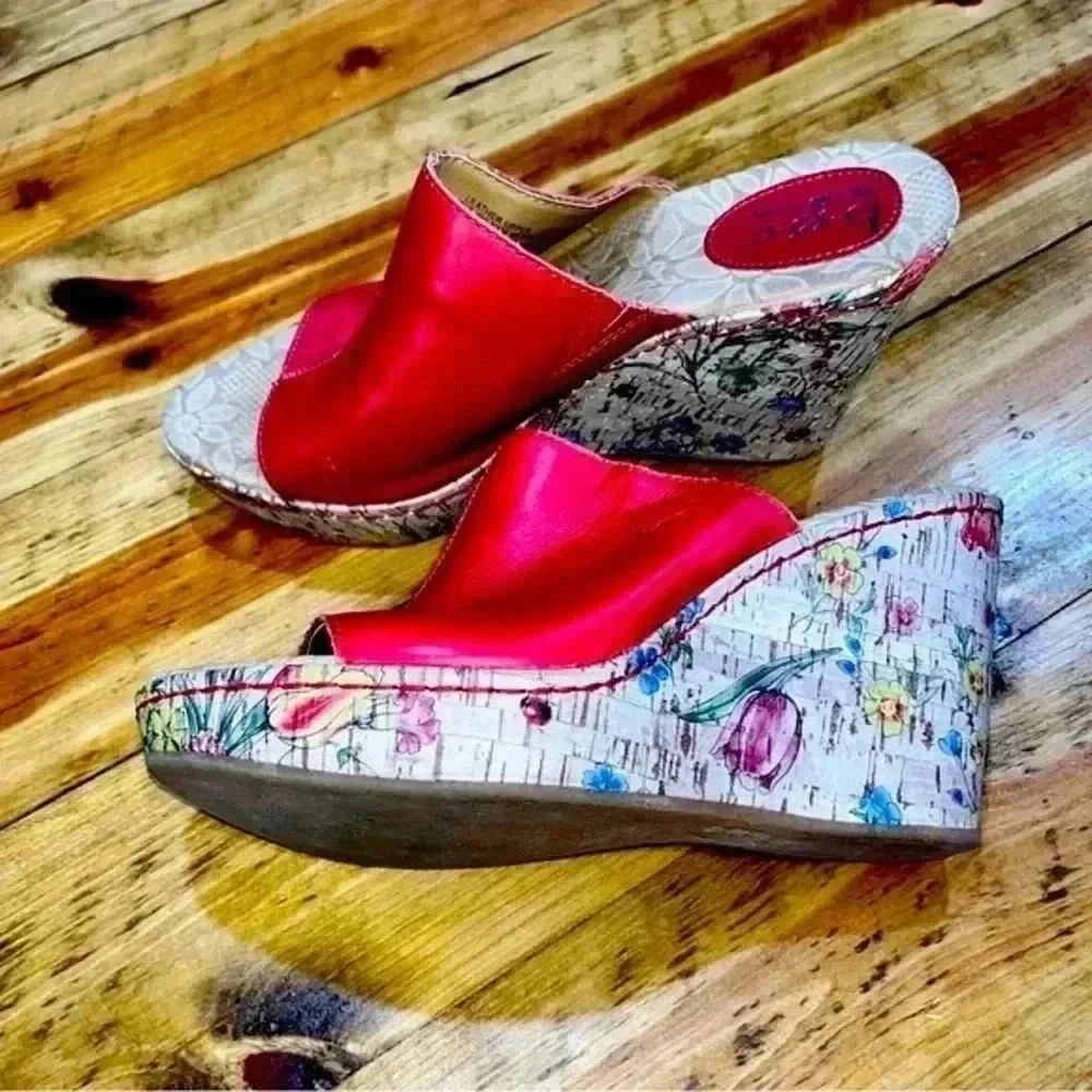 B.O.C RED LEATHER WITH FLOWER CORK WEDGE SLIP ON SANDALS Y2K